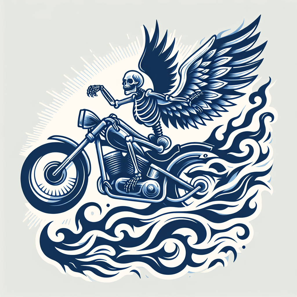 skeleton with wings riding a motorcycle jumping over flames