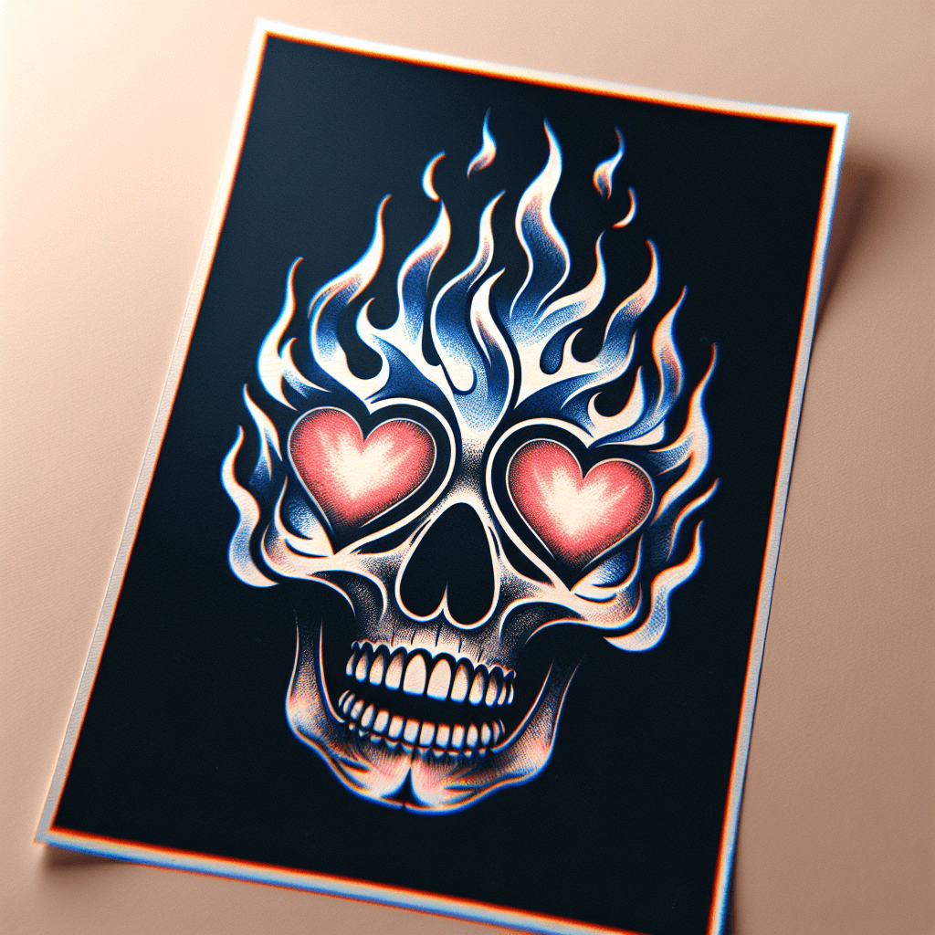 a flaming skull with hearts for eyes