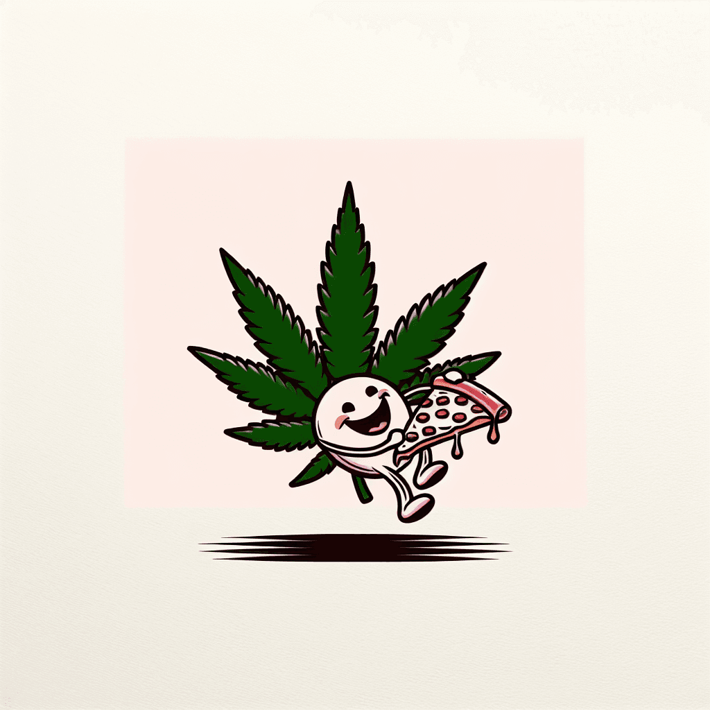 happy marijuana leaf eating a pizza