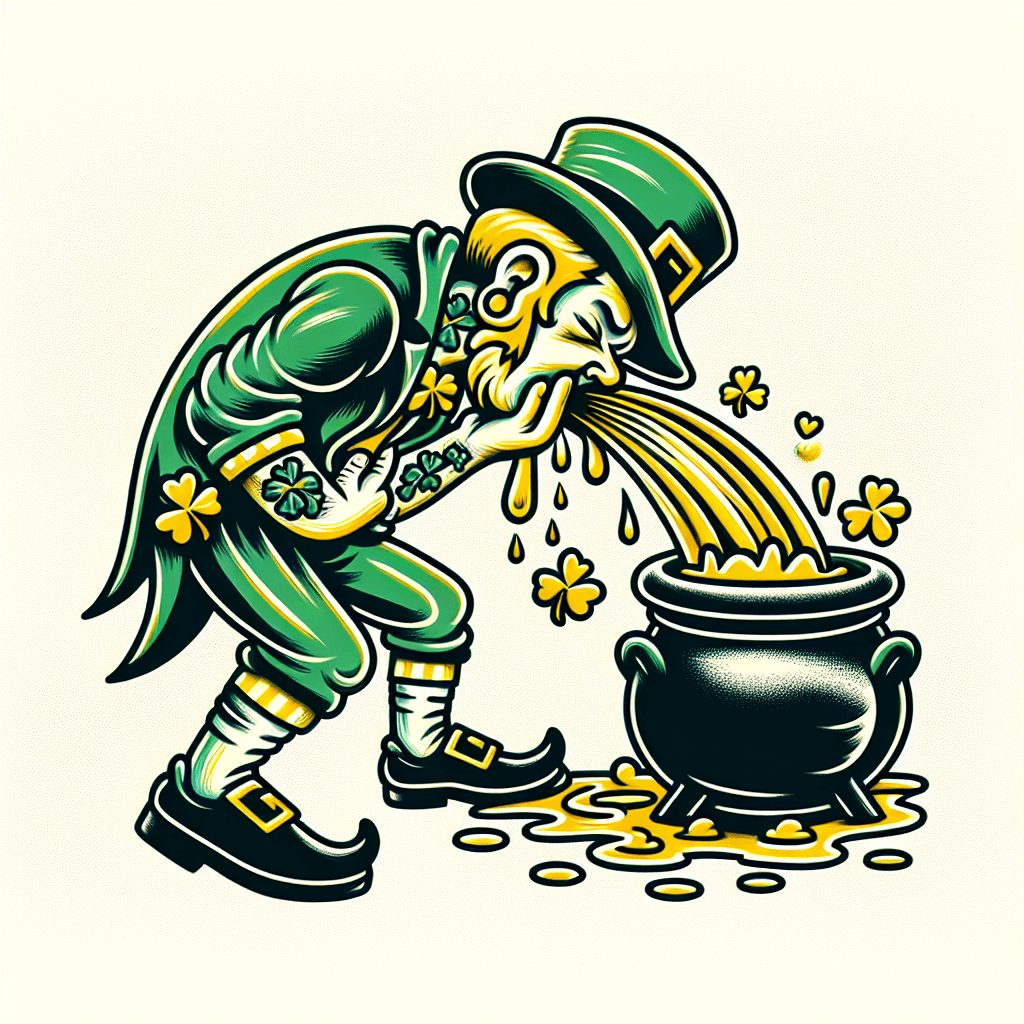 drunk leprechaun puking into a pot of gold