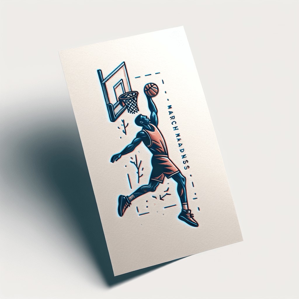 basketball player doing a slam dunk  with the words “march madness”