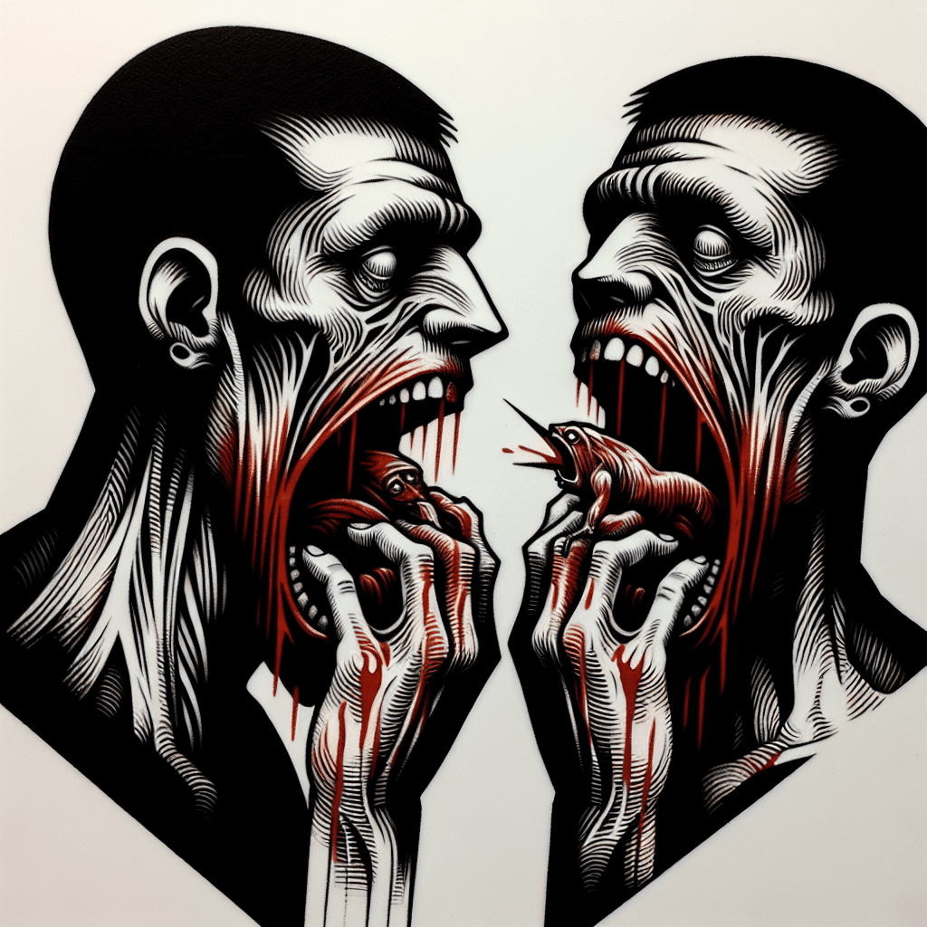 insane man chewing bloody glass