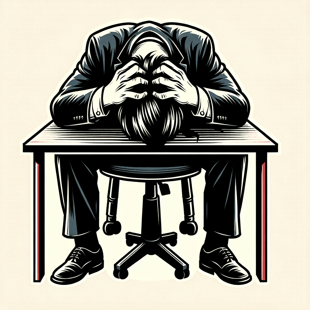 frustrated office employee banging his head on a desk