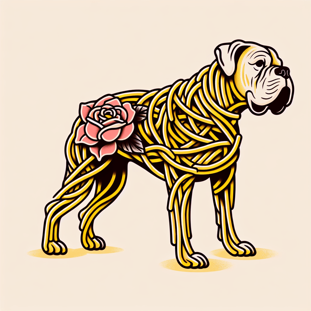 boxer dog made of spaghetti
