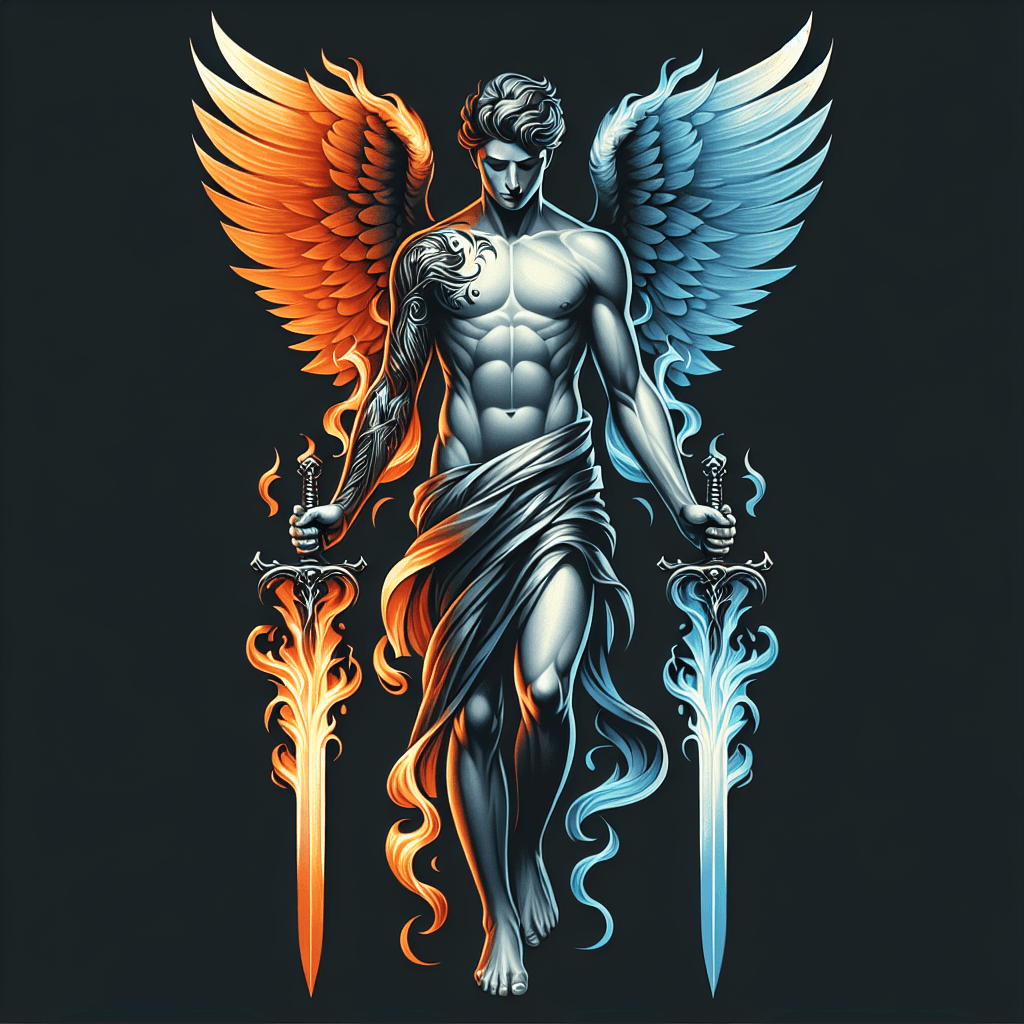 an angel holding two flaming swords