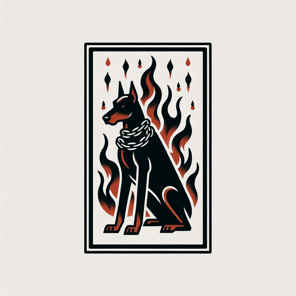 doberman wearing chains with flames in the background