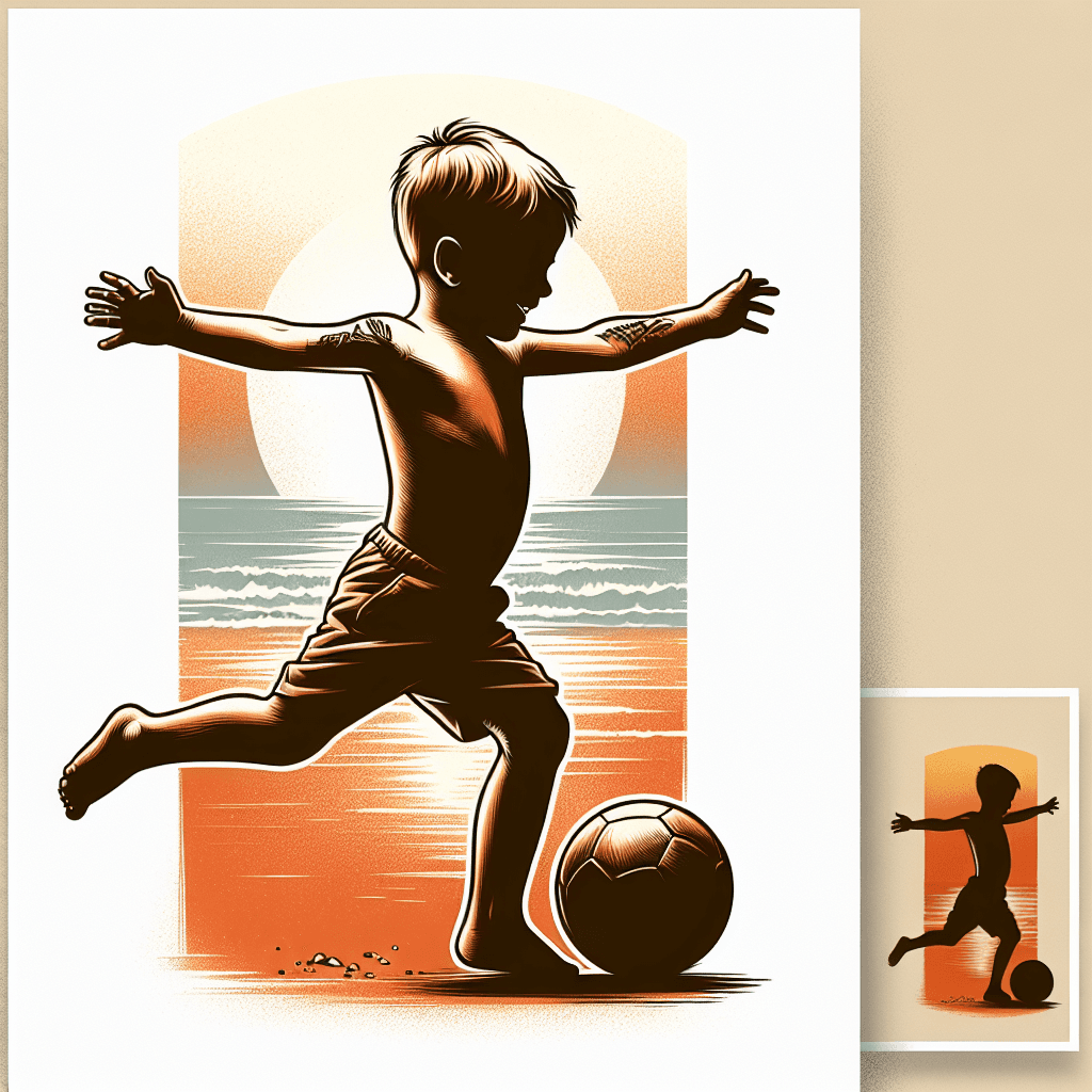 a three-year old boy kicking a ball on a beach, in flight with arms spread wide open