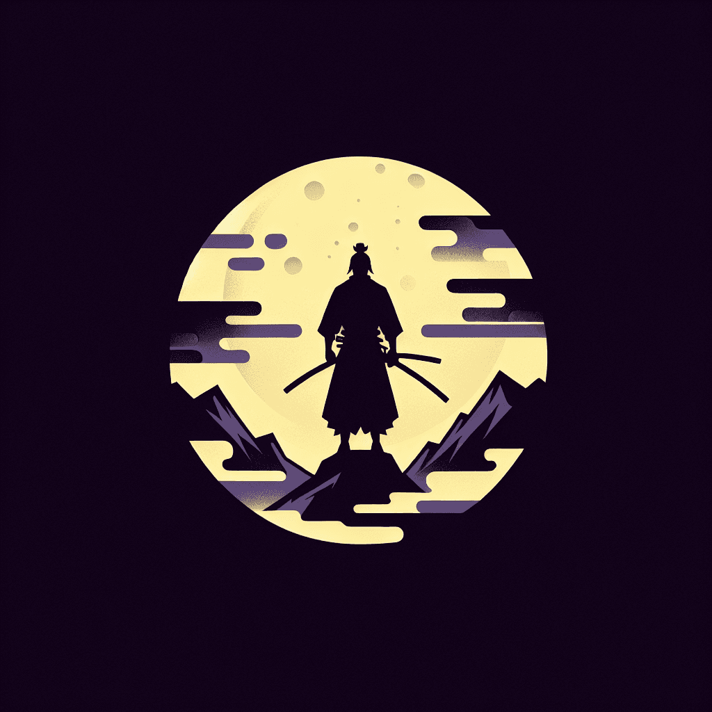 samurai standing on smoky mountain with silhouette infront of the moon