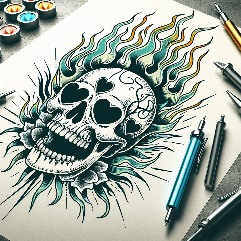 a flaming skull with hearts for eyes