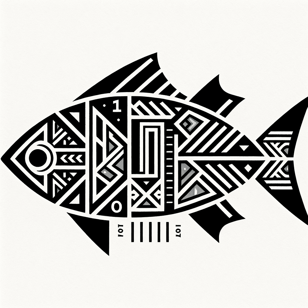 polynesian fish glyph with the interior filled with 1 and 0 numerals