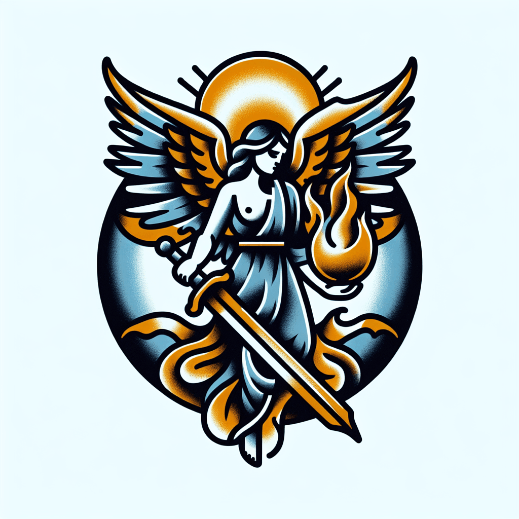 an angel holding two flaming swords