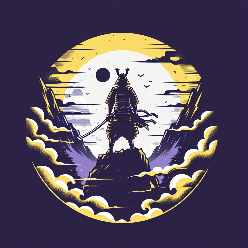 samurai standing on smoky mountain with silhouette infront of the moon