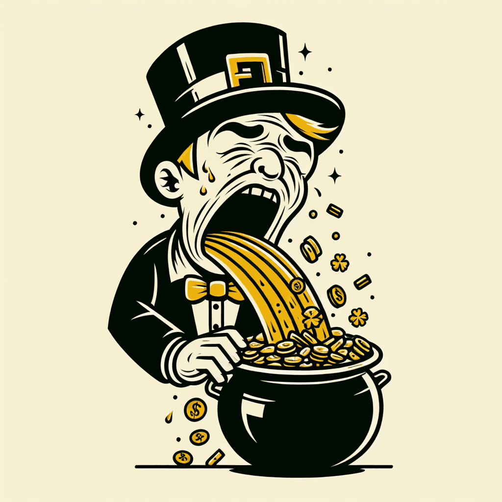 drunk leprechaun puking into a pot of gold