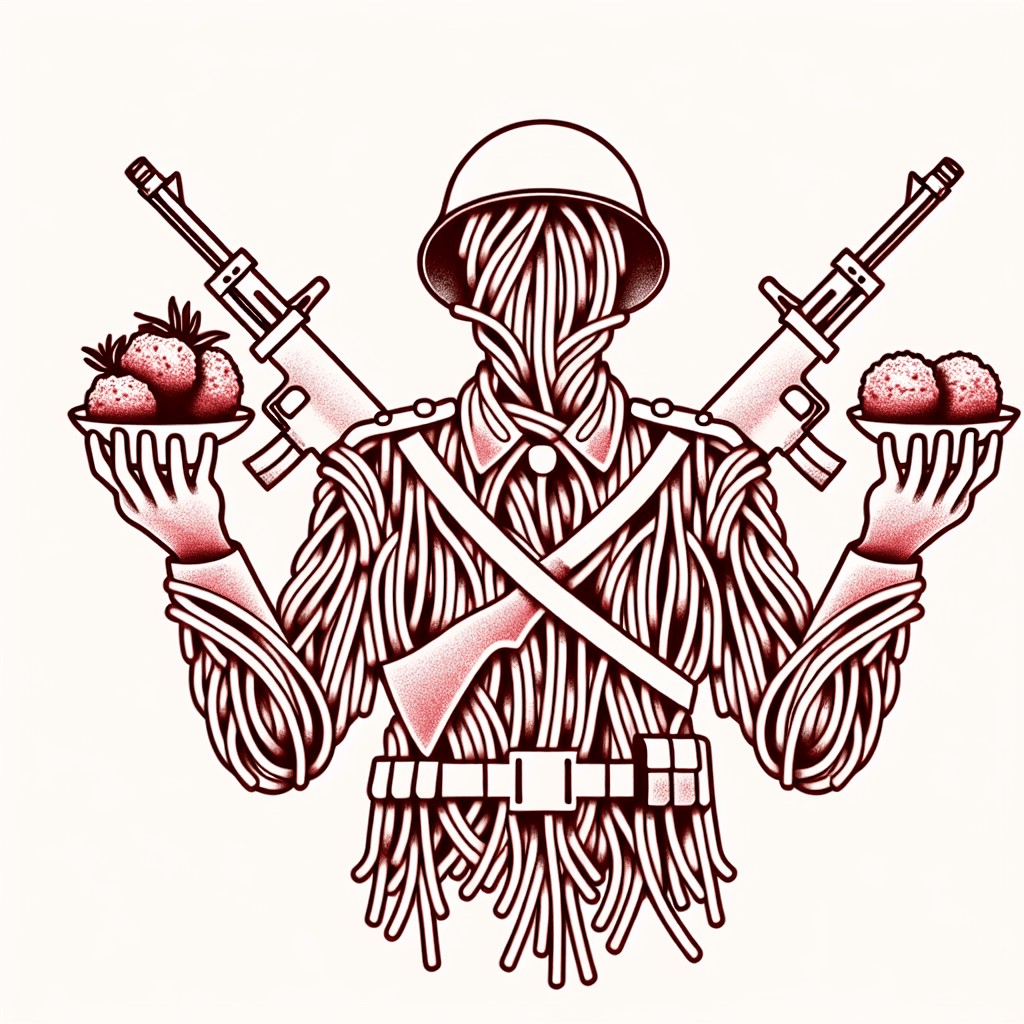 soldier made of spaghetti and meatballs