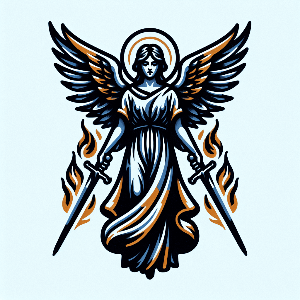 an angel holding two flaming swords