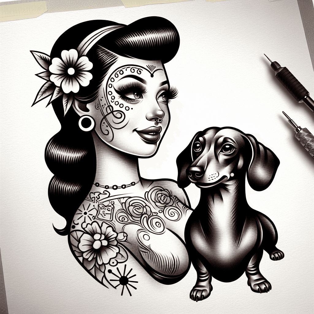 pinup girl with face tattoos and brown dachshund