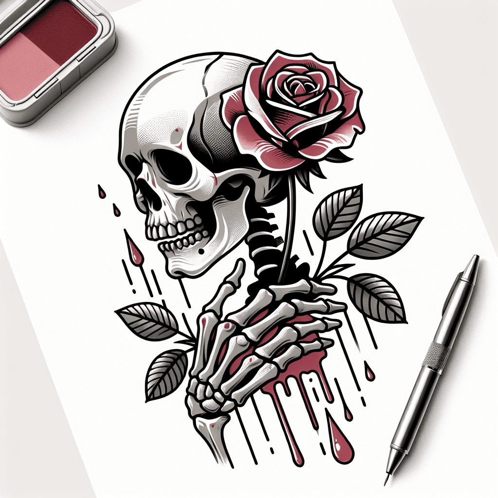 skeleton holding a rose dripping blood