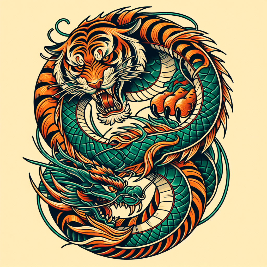 tiger body with a dragon wrapped around it