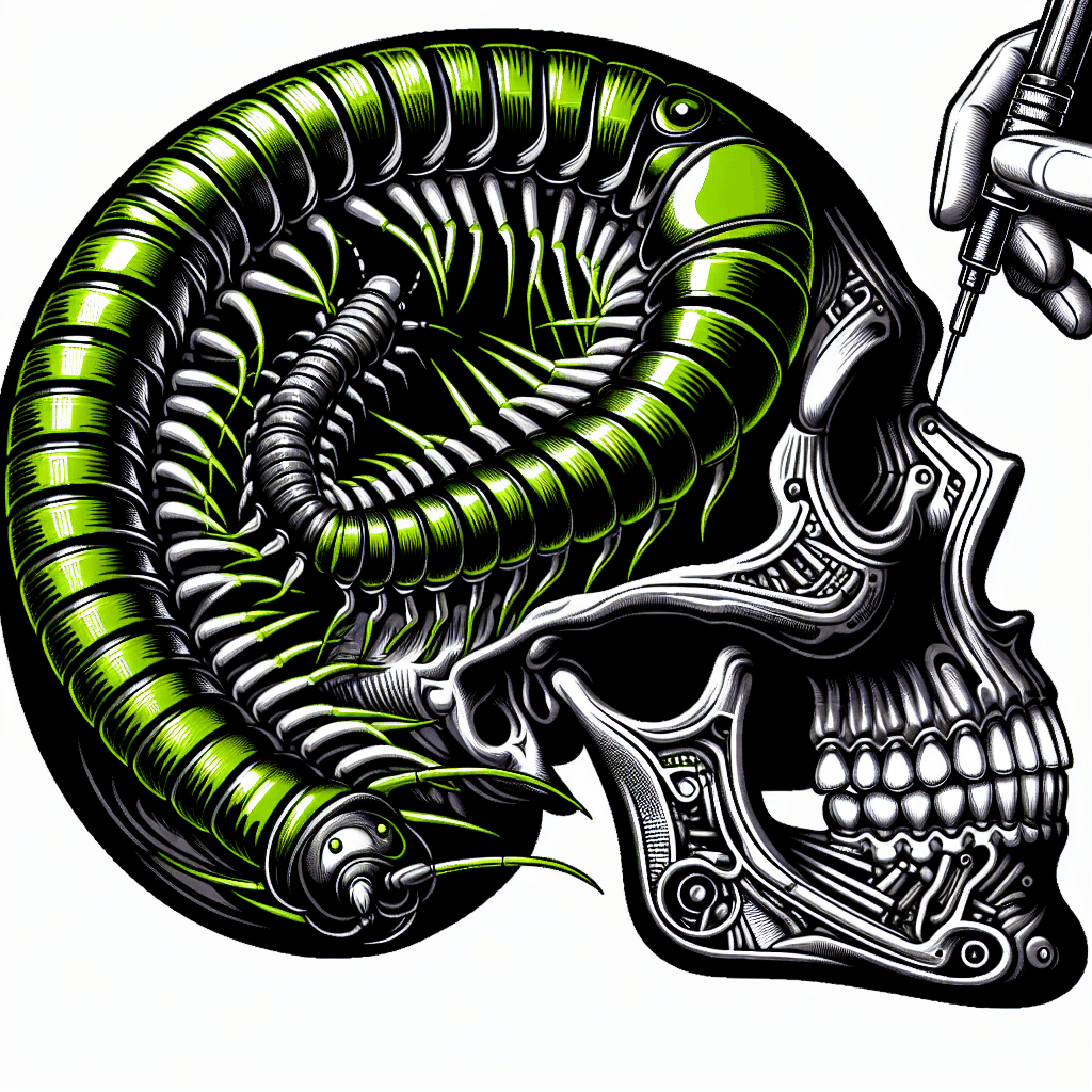 millipede crawling through a skull