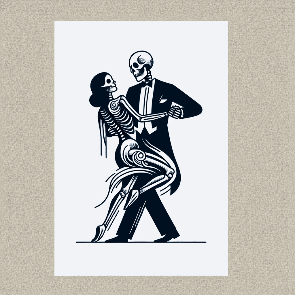 skeleton in tuxedo dancing with woman