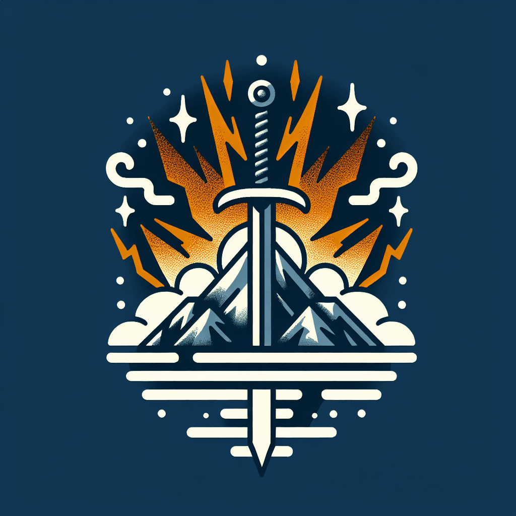 sword atop a snowy mountain surrounded by flickering lightening