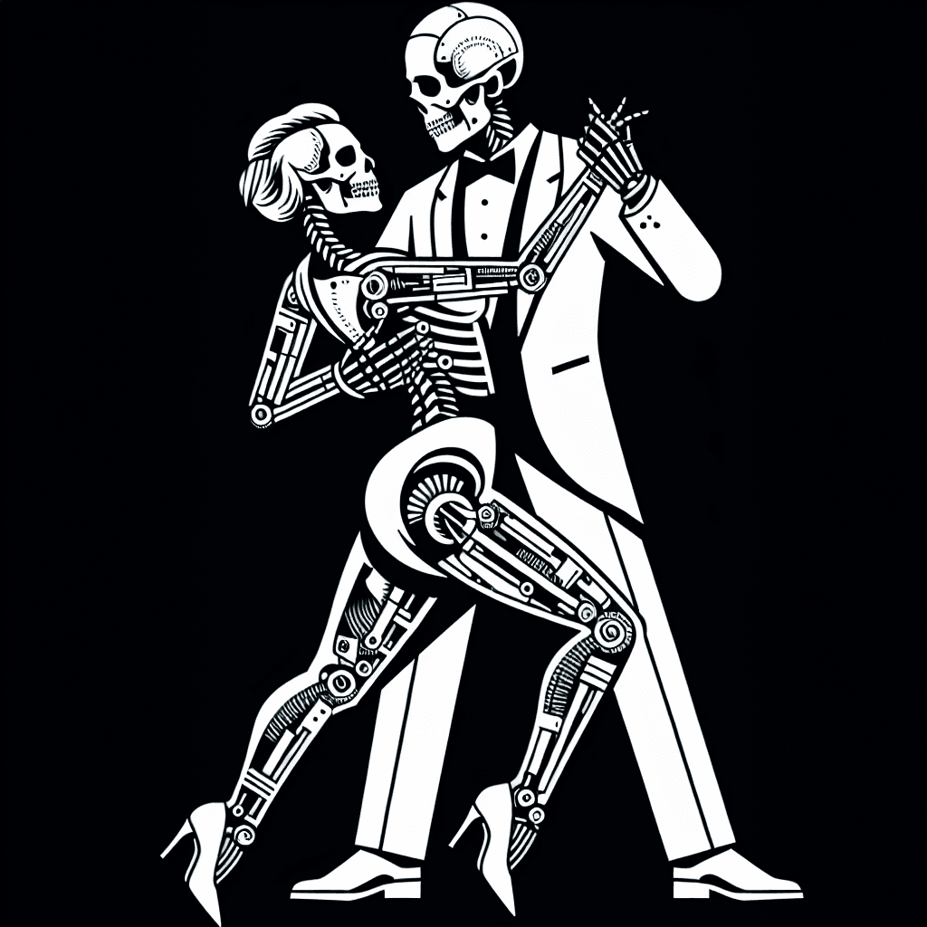 skeleton in tuxedo dancing with woman