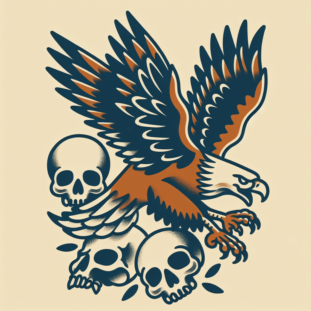 an eagle diving over skulls