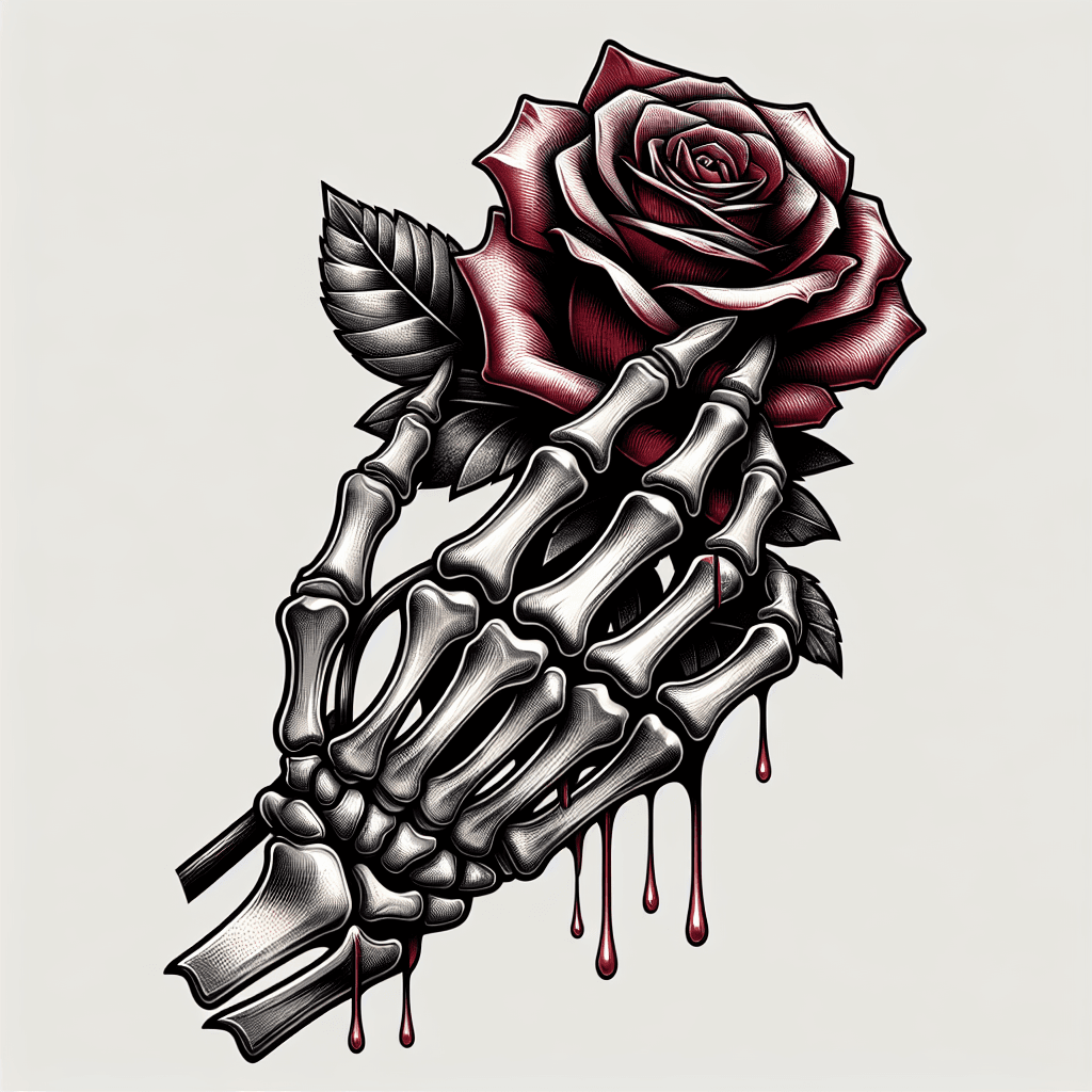 skeleton holding a rose dripping blood