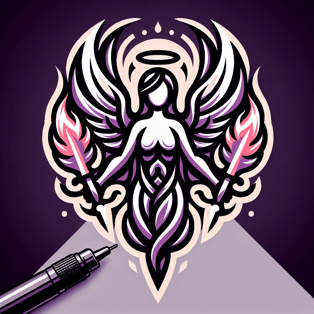 an angel holding two flaming swords