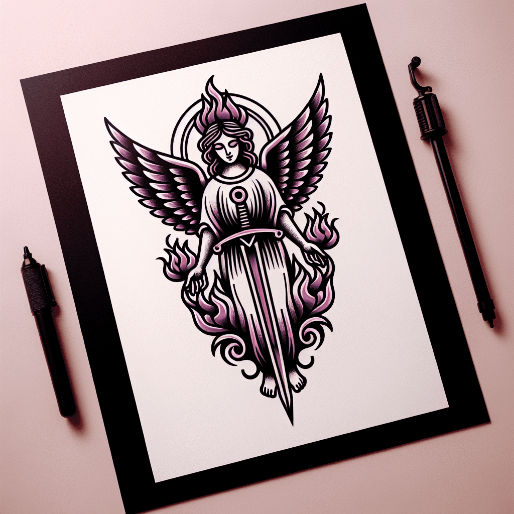 an angel holding two flaming swords