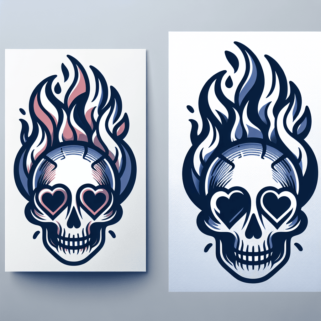 a flaming skull with hearts for eyes