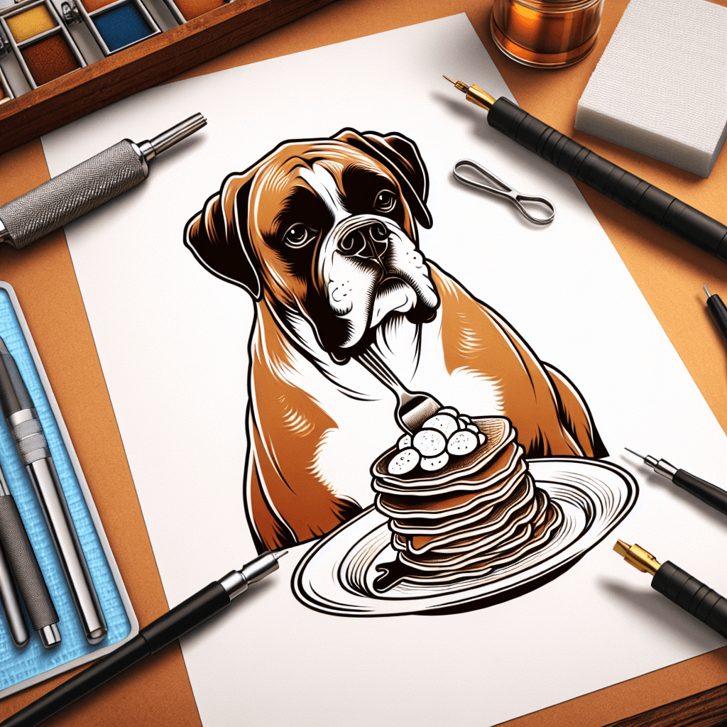 boxer dog eating a plate of pancakes