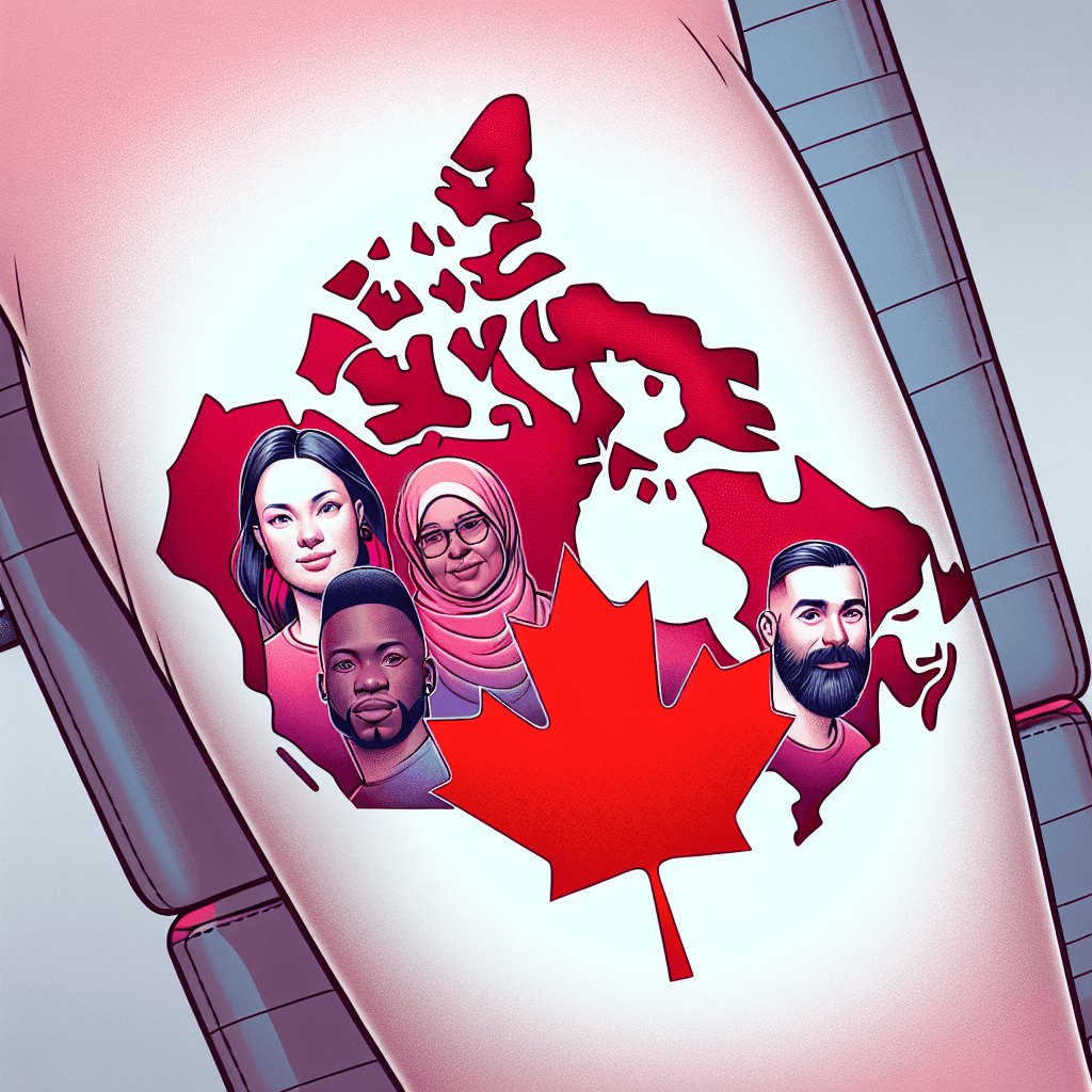 canada map outline with 5 different people on it. the text one team should be in inage. maple leaf in red color