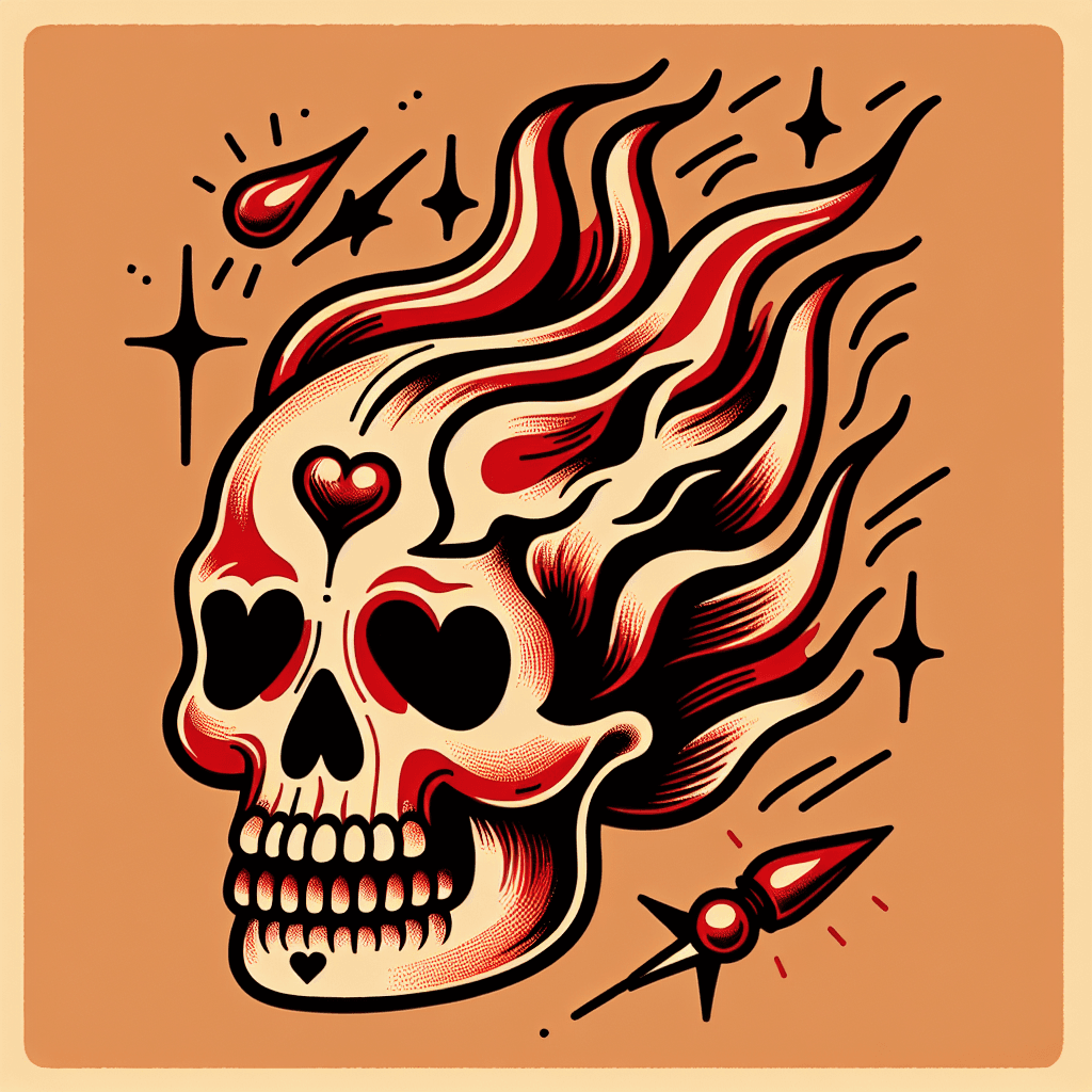 a flaming skull with hearts for eyes