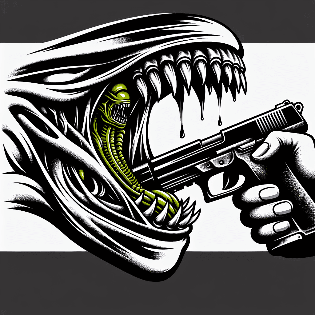 xenomorph’s inner mouth holding a gun