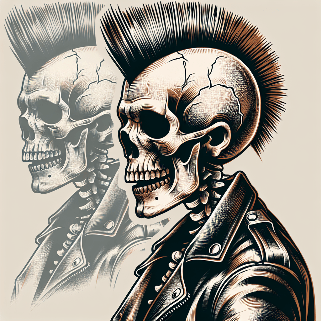 skeleton with mohawk in leather jacket