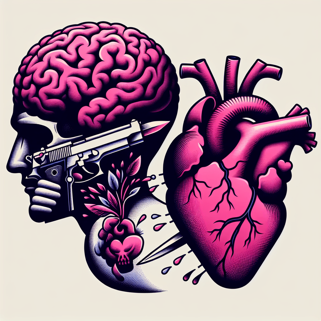 a brain holding a knife fighting a heart holding a gun