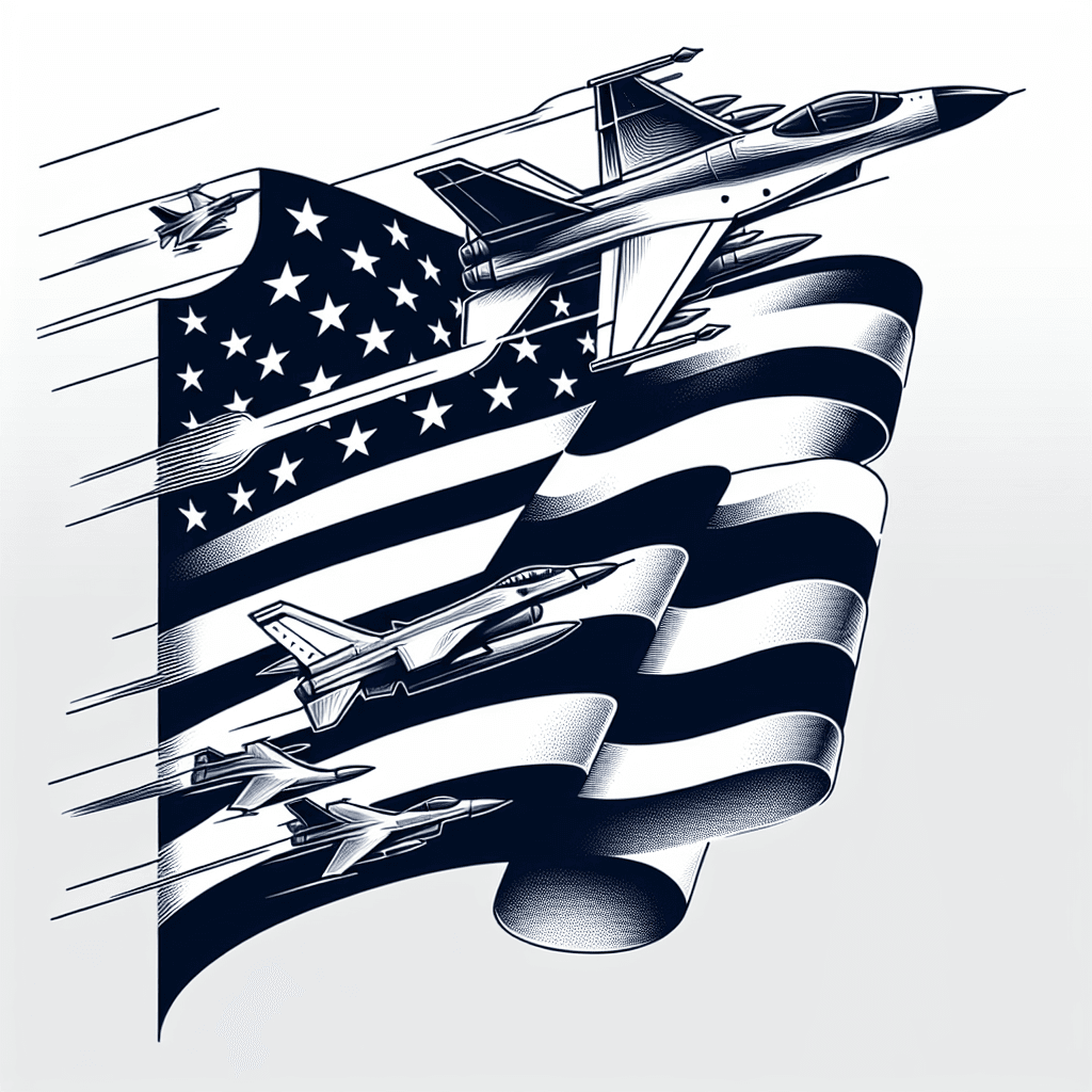 fighter jets flying past with a united states flag behind them