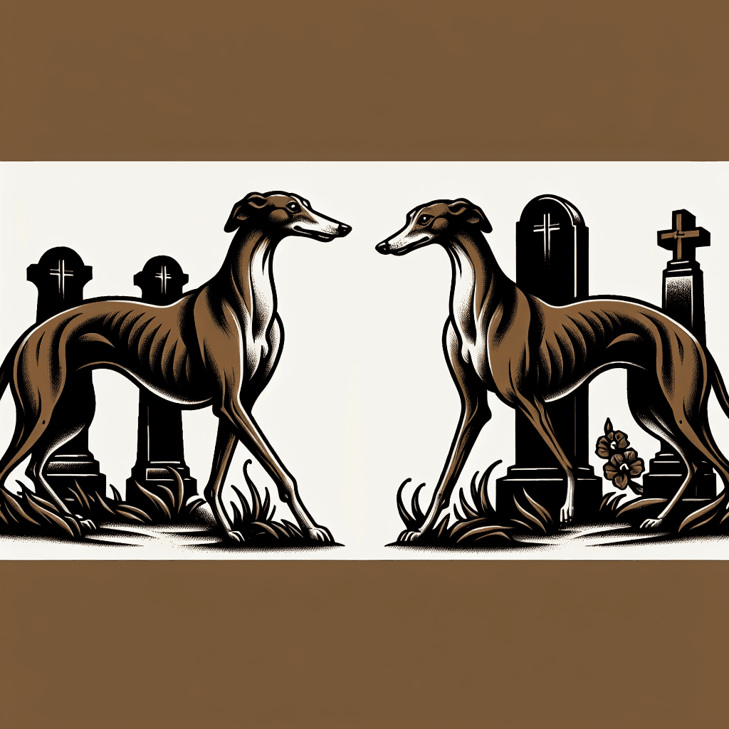 brown greyhounds walking through a cemetery