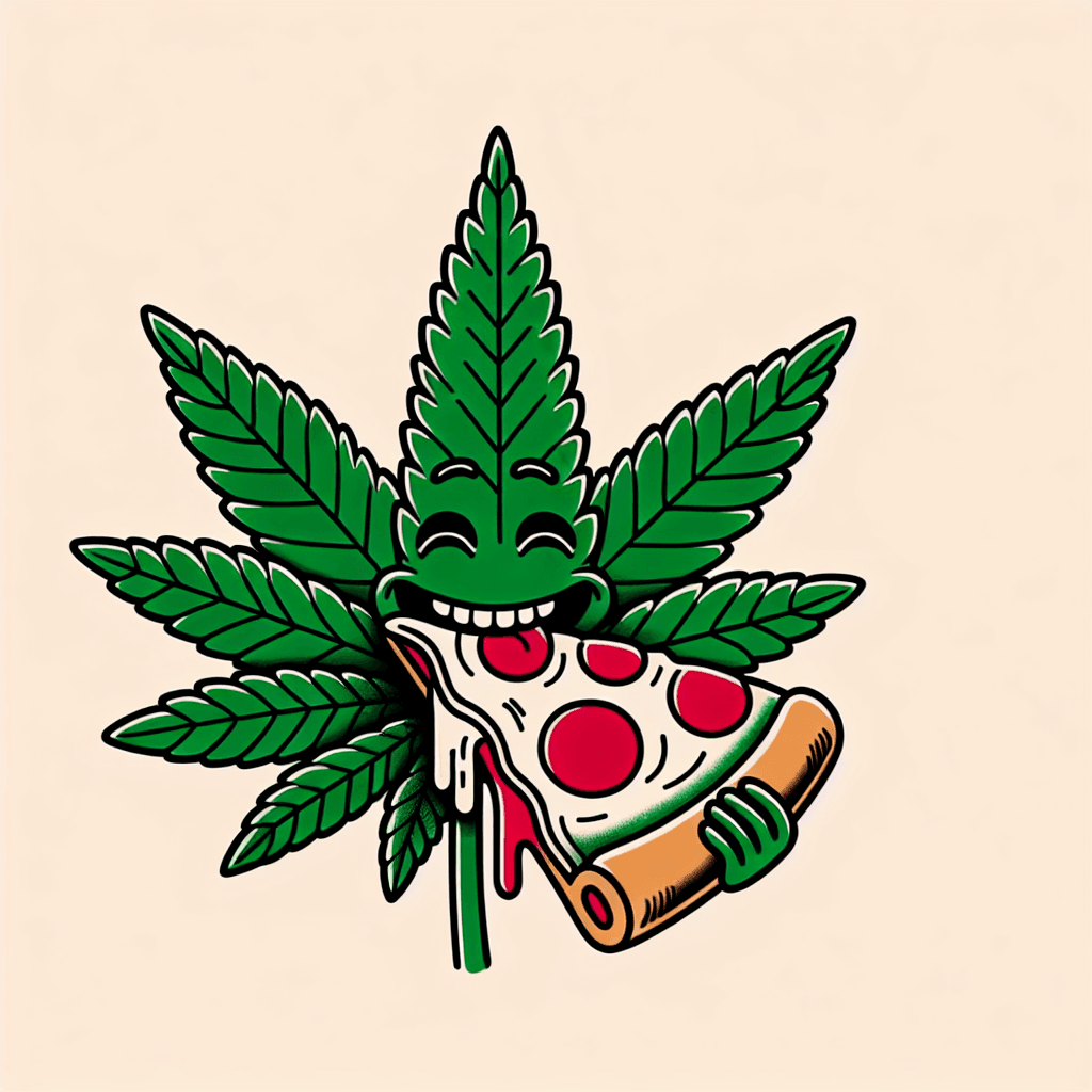 happy marijuana leaf eating a pizza