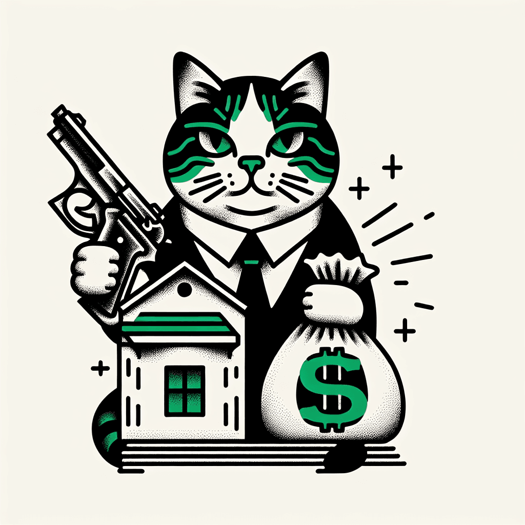 house cat with tommy gun and bag of money