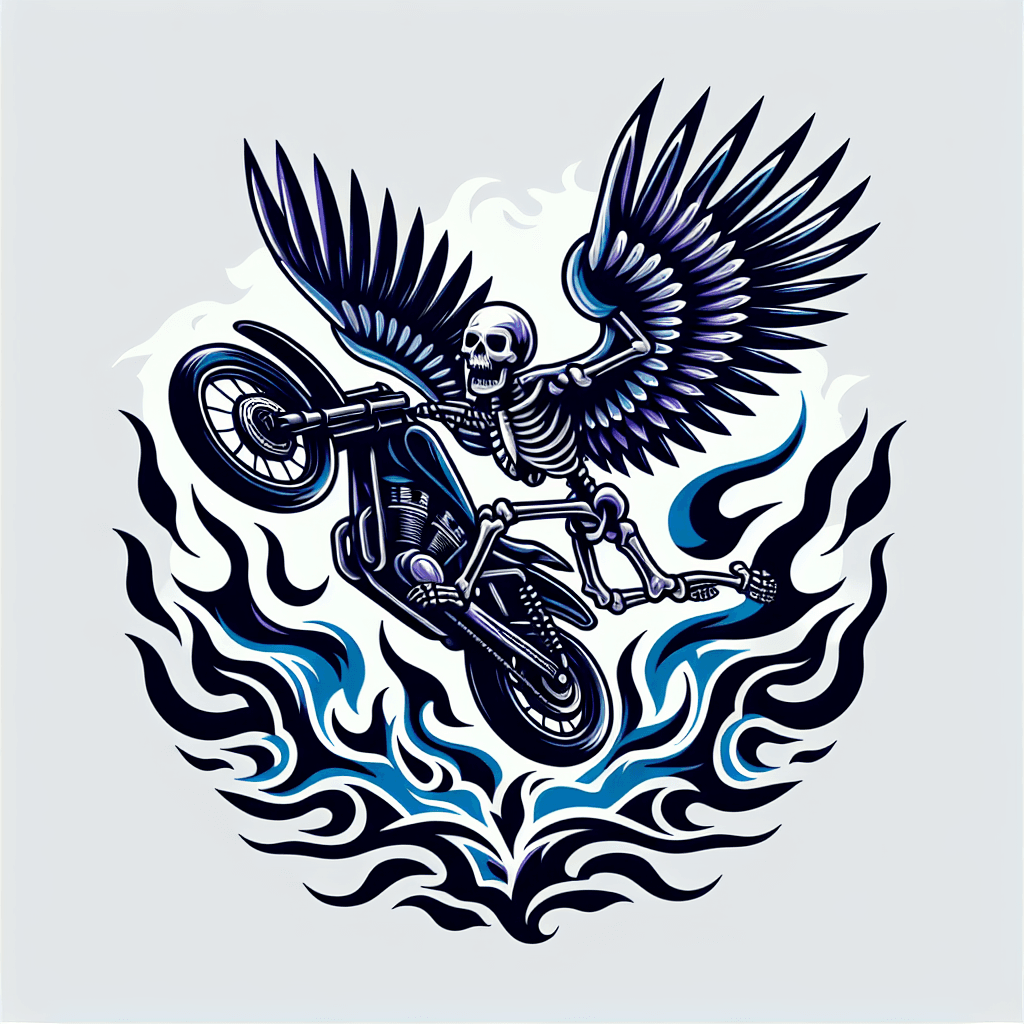 a skeleton with wings riding a motorcycle jumping over flames