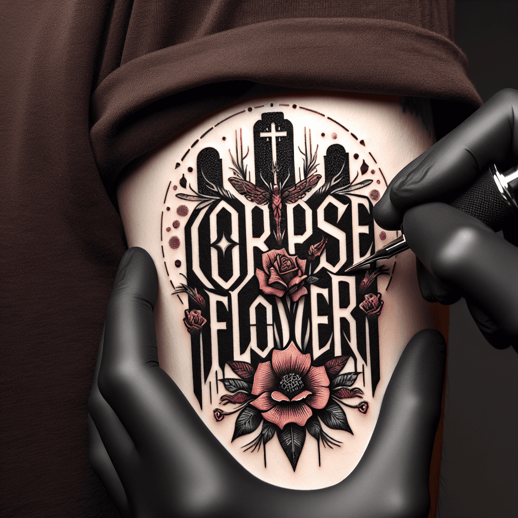 the words “corpse flower” in metal band font with gravestones