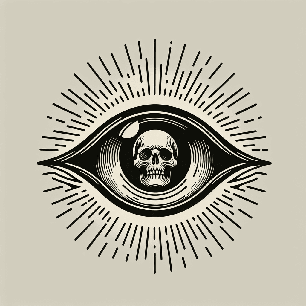 an eyeball with a skull in the pupil