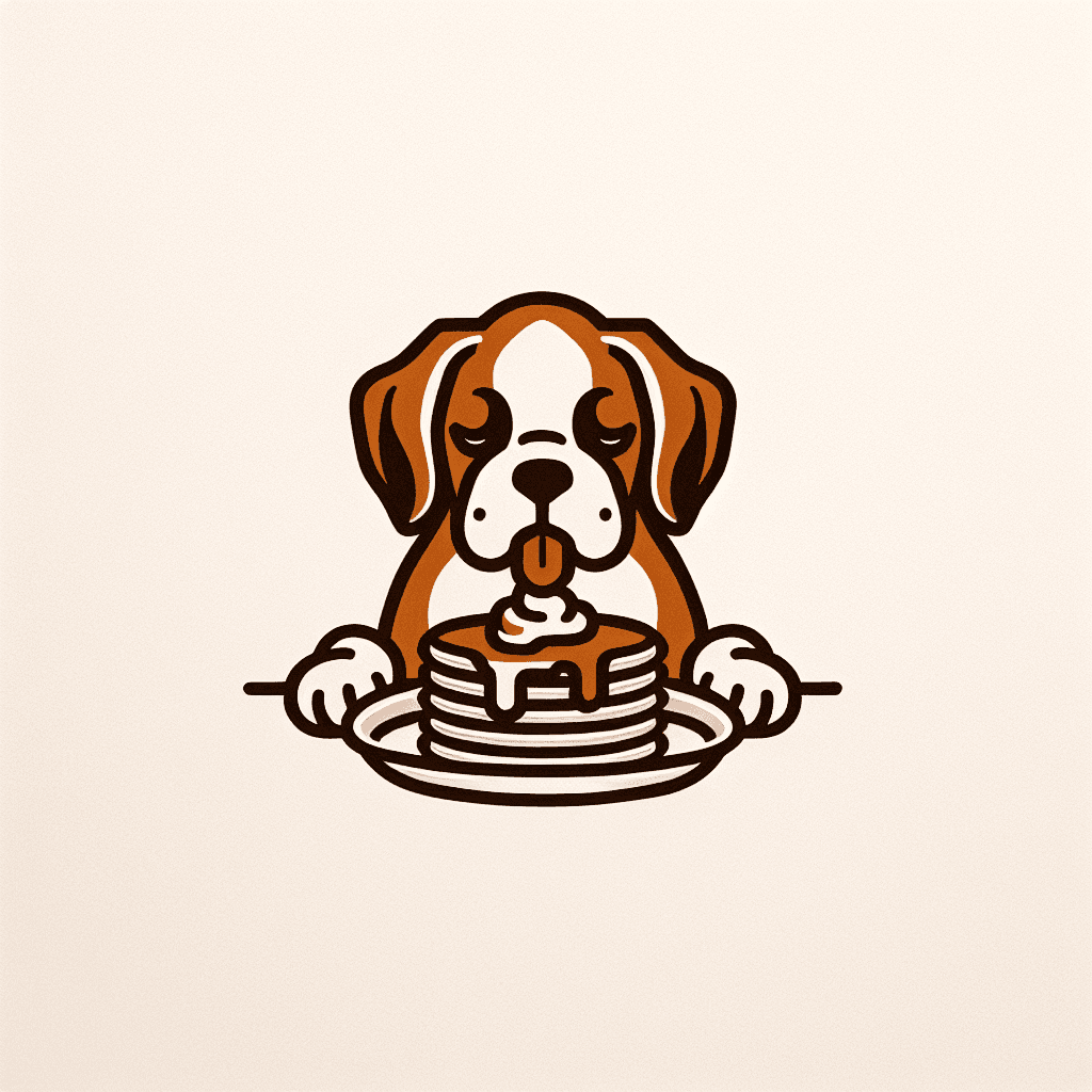 puppy boxer dog eating a plate of pancakes