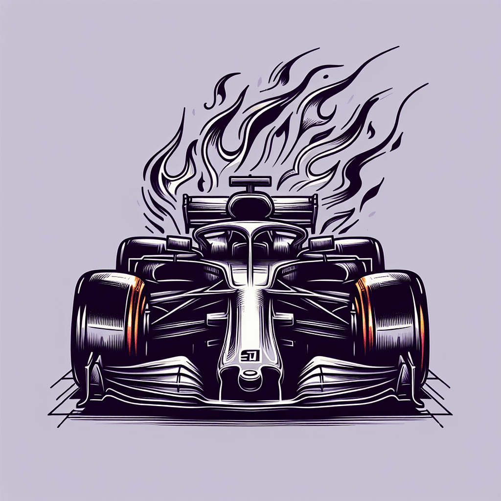 formula one car with flaming wheels