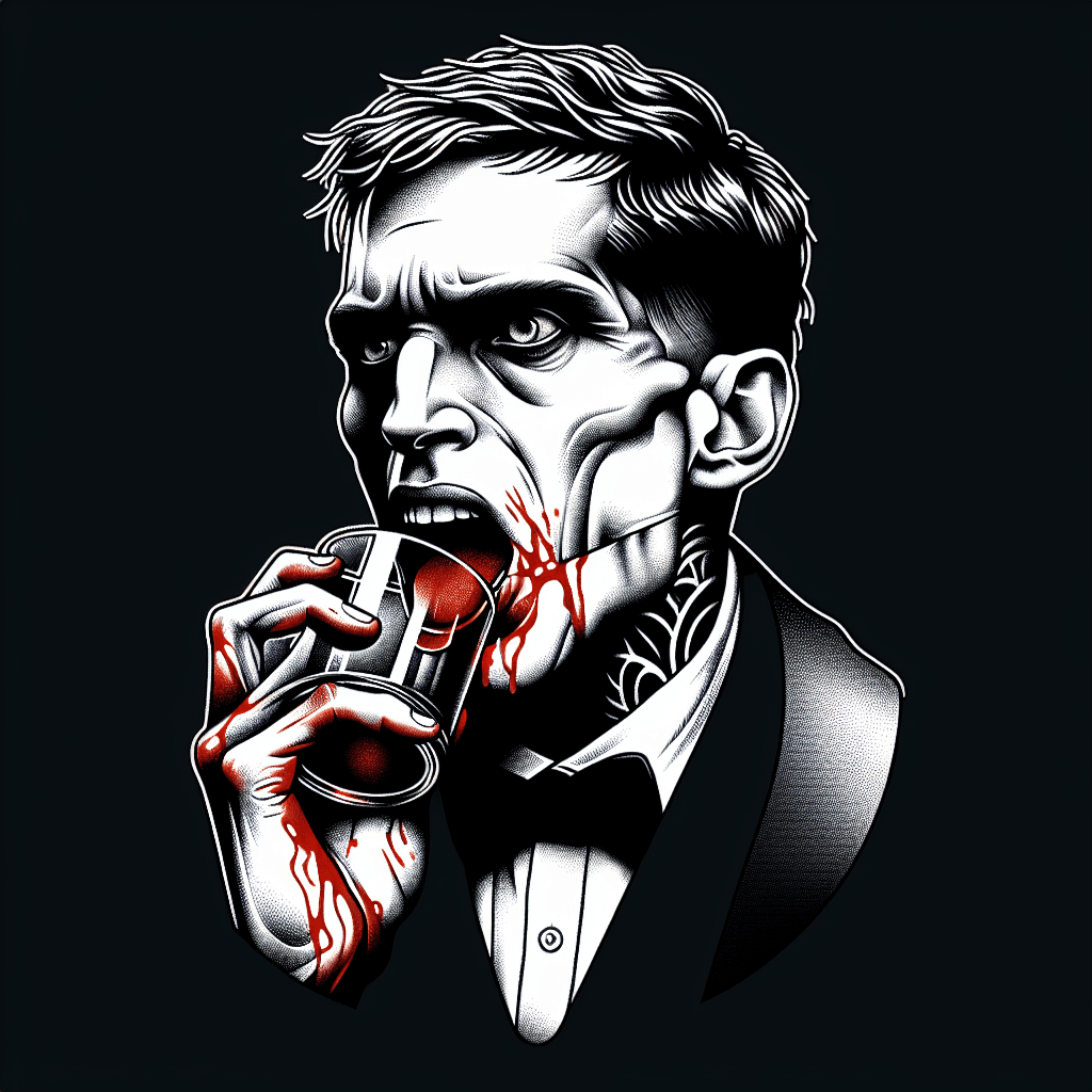 insane man chewing bloody glass