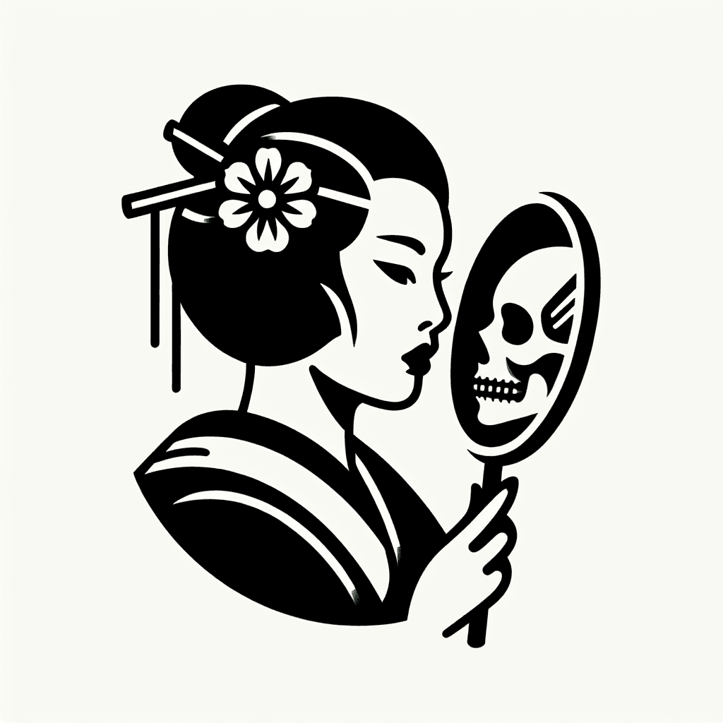 geisha with half skull for a face looking into a mirror