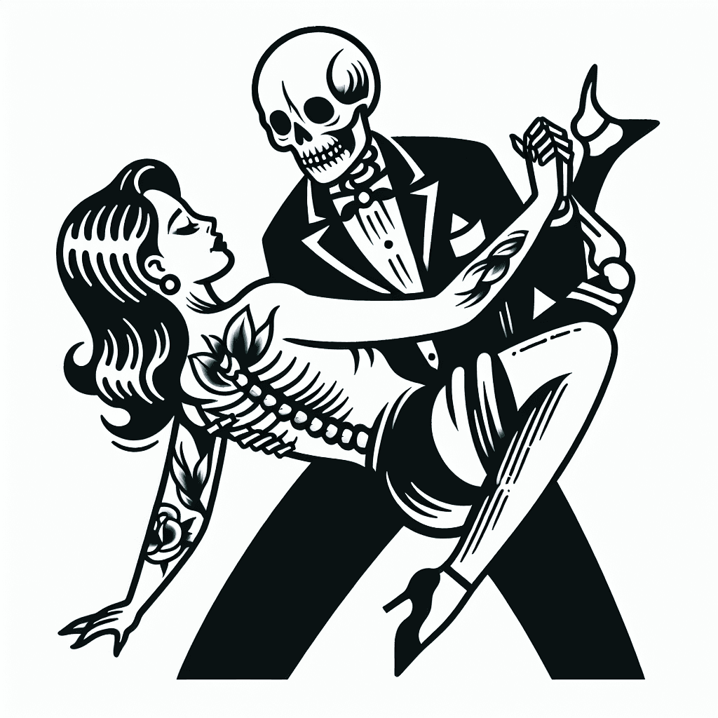 skeleton in tuxedo dancing with woman