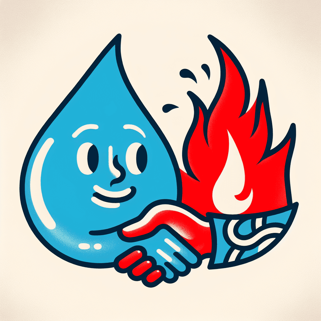 water drop and fire cartoons shaking hands